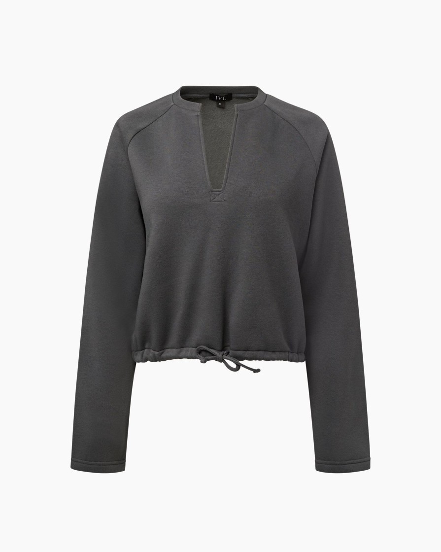 Tops IVL Collective | Drawstring V-Neck Pullover Charcoal